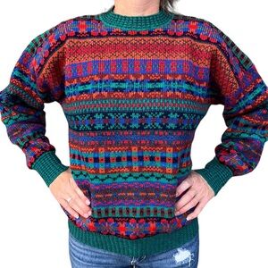 Vintage Wendy Lawrence Welsh Wool Sweater‎ Hand Knit Bright Colors Fair Isle S-L